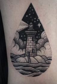 black drop-shaped lighthouse engraving style tattoo pattern