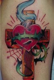 Cross Heart Shape og Green Thorns Tattoo Pattern