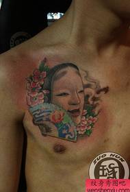 男性前胸经典的日本面具纹身图案