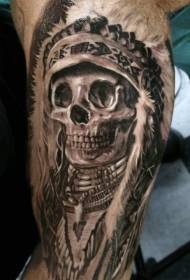Patrón de tatuaje de esqueleto indio gris pierna