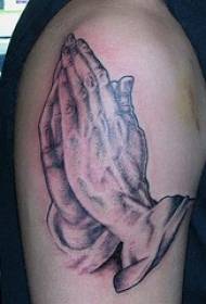 shoulder brown realistic prayer hand tattoo picture