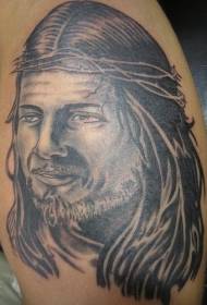 leg gray Jesus portrait tattoo pattern