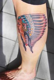 leg color Indian chief feather tattoo picture