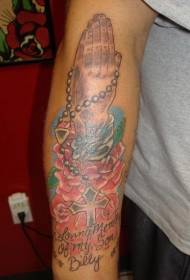 male arm colored rosary prayer tattoo pattern