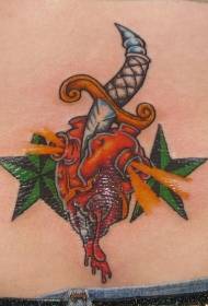 Curved dagger pierced into the heart color tattoo pattern