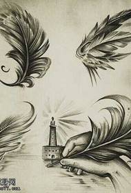 Manuscript black gray lighthouse feather tattoo pattern