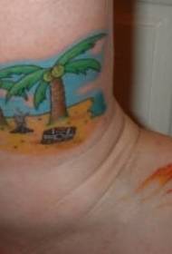 Tatuaj de flăcări colorate de picior și tatuaj insular de deșert