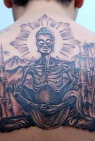 Statue de Bouddha affamée dans le dos avec motif de tatouage en bambou