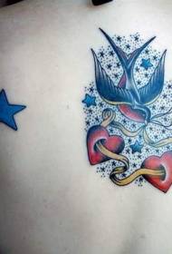Back colored swallows and love pentagram tattoo pictures