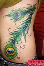 girls side waist color peacock feather tattoo pattern