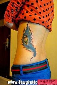 美女腰部流行精美的羽毛纹身图案