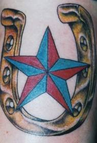 Leg color golden horseshoe and pentagram tattoo
