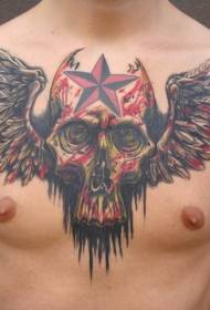 Male chest color skull wings tattoo pattern