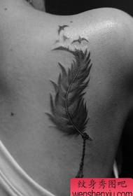 girl shoulder black gray feather tattoo pattern