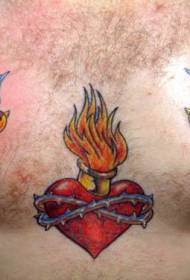 Chest color burning heart and sparrow tattoo pattern