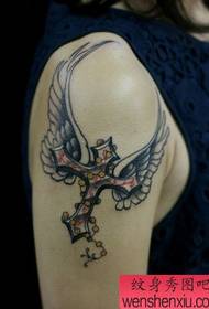 girl arm cross wings tattoo pattern