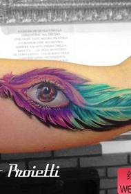 arm beautiful colored feathers and eye tattoo pattern