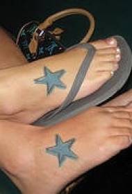 Couple's feet colored five-pointed star tattoo pattern