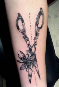 arm black insect and scissors tattoo pattern