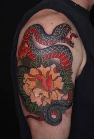 Snake and Peony Flower Tattoo on the arm
