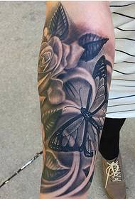 Arm Black Grey Butterfly Rose Tattoo Pattern