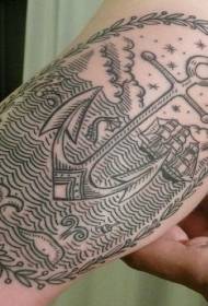 Melna līnija uz jūras enkura tetovējuma modeļa rokas