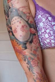 arm colored cartoon totoro and cherry chrysanthemum tattoo pattern