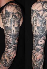 arm black gray house tattoo pattern