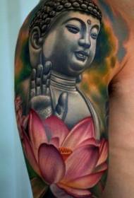 arm realistic realistic Buddha statue and lotus tattoo pattern