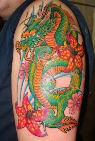 Japanese style flower and green dragon arm tattoo pattern