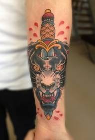 arm colored dagger and leopard head tattoo pattern