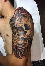 men's left hand big arm half-sleeve roses and decorative style skull tattoo pictures