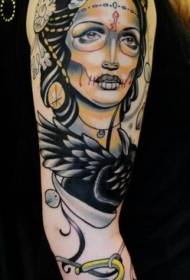 Arm Death Girl with Black Raven and Lock tattoo pattern