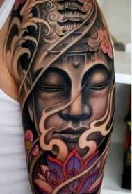 arm colored lotus and black gray Buddha tattoo pattern