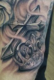 Arm black gray crown with cross rose tattoo pattern