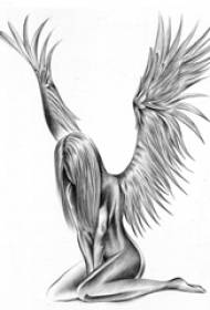 Սև մոխրագույն ուրվագիծ ստեղծագործական գեղեցիկ հրեշտակների թևեր աղջկա կերպար դաջված ձեռագիր