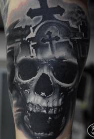 Creepy skull with cemetery and cross tattoo pattern