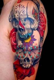 Shoulder colored sugar skull tattoo pattern