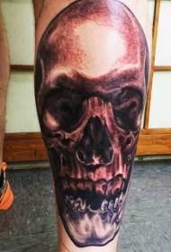 Leg brown horror style human skull tattoo picture