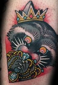 Old school painted crown jewel raccoon tattoo pattern
