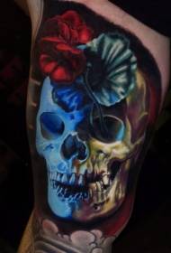 Arm colored skull and flower tattoo pattern