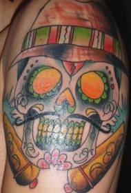 Shoulder colored wearing hat sugar skull tattoo picture