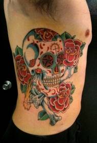 Waist-side colored skull rose tattoo pattern