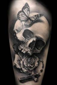 Arm black and white magic skull and rose tattoo pattern