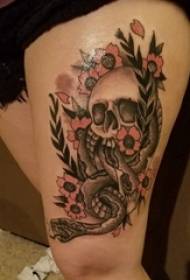 Girls on the thighs painted watercolor beautiful flowers creative skull tattoo pictures