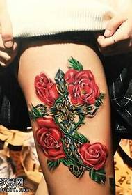 Leg rose cross tattoo pattern
