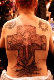 Padrão de tatuagem memorial flor cruz de pedra nas costas