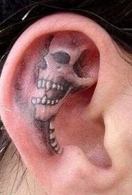 Super personality skull tattoo in the ear of a beautiful woman