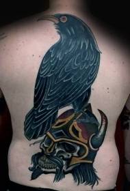 Back cartoon crow with warrior skull helmet tattoo pattern