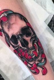 Arm colored human skull with petal tattoo pattern